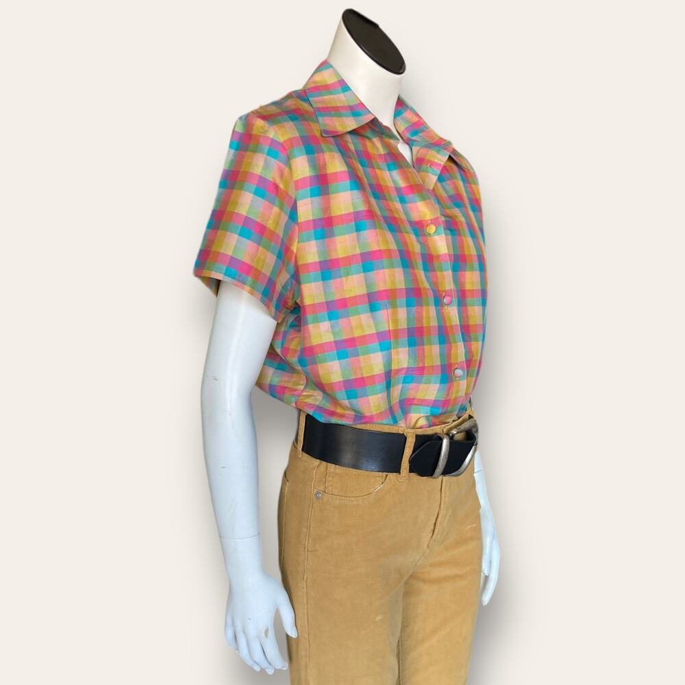 Silk Plaid Checkered Rainbow Short Sleeved Button Up Womens Size 12